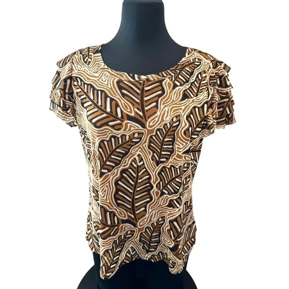 JANE & DELANCEY | Brown Leaf Print Ruffle Sleeve Stretch Blouse NWT | Large - Picture 2 of 8